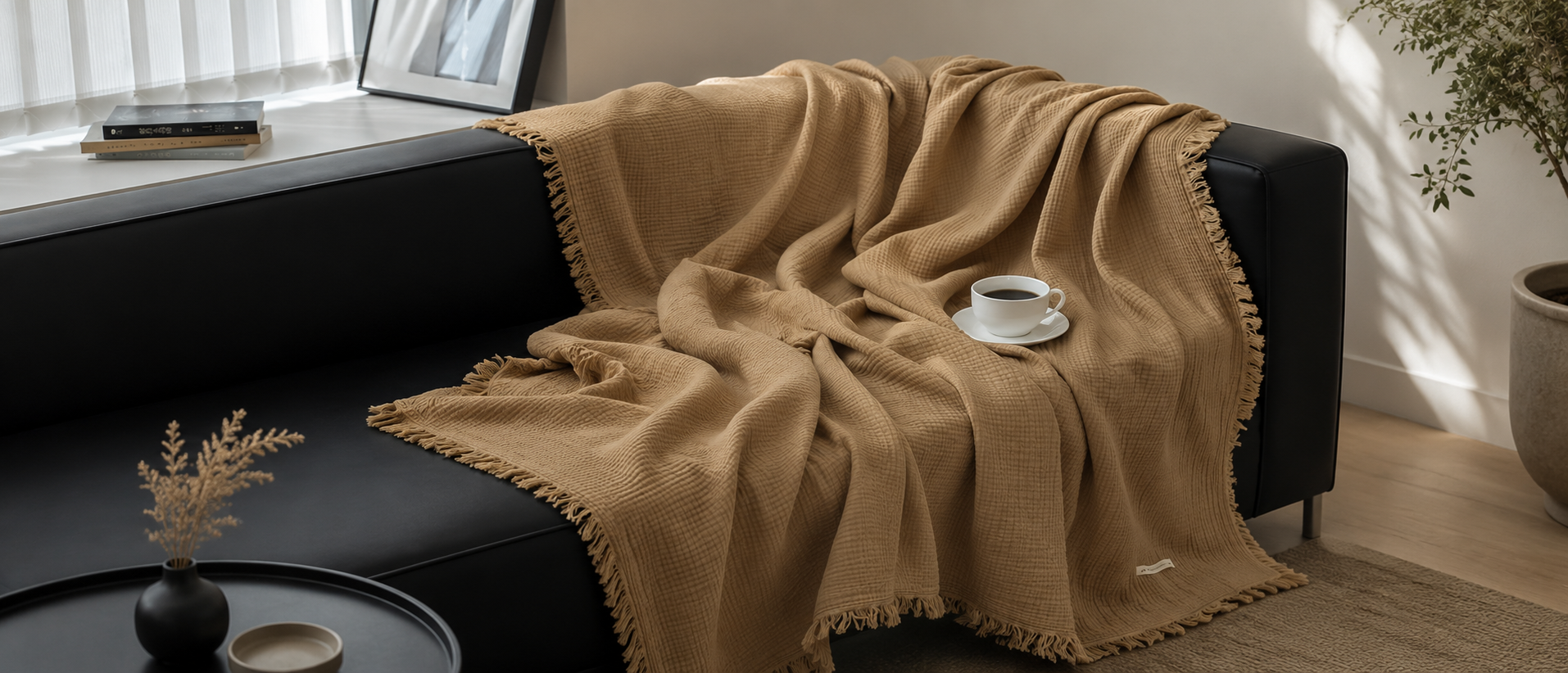 Soft home textiles arranged in a calm interior