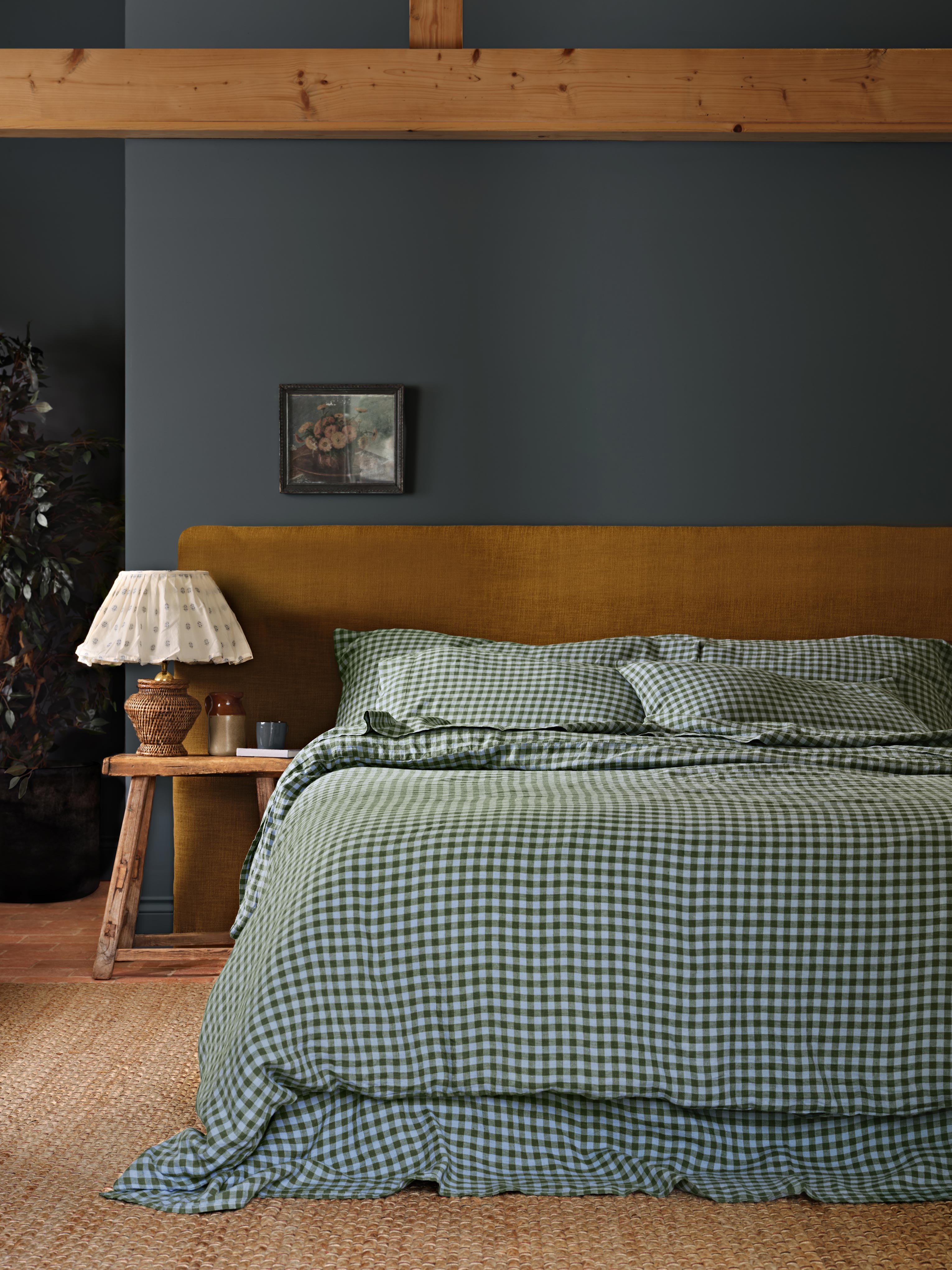 Fern Green Gingham Linen Blend Duvet Cover - Image 2