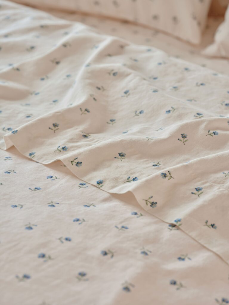 Dusk Blue Floral Linen Blend Flat Sheet