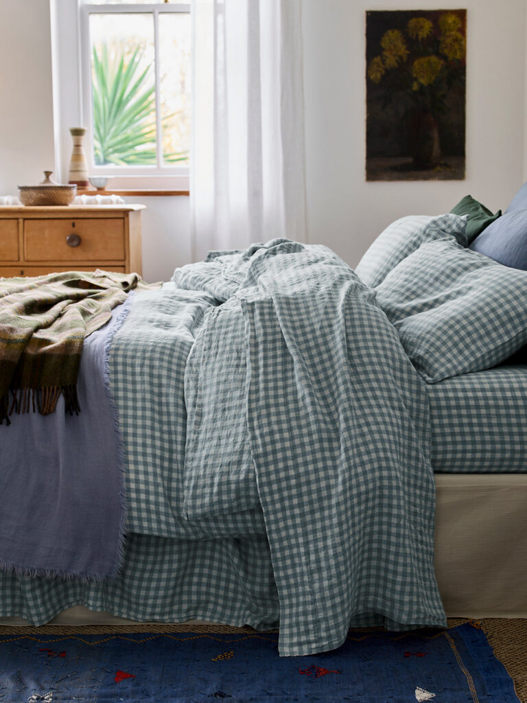Warm Blue Gingham Linen Flat Sheet